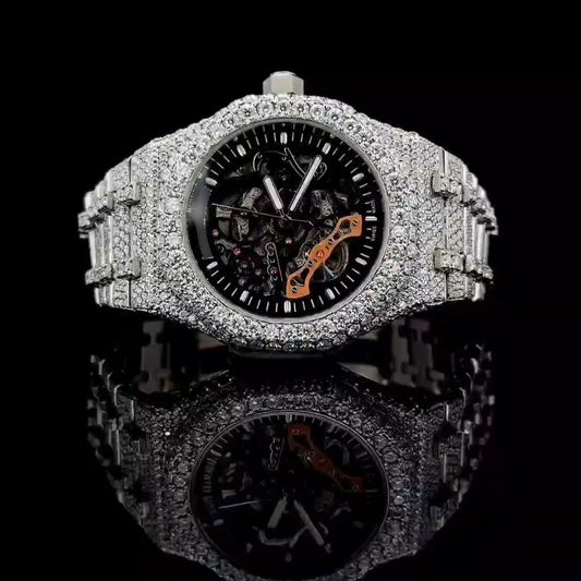 Montre Iced Out de Luxe – Moissanite 25 Carats, Mouvement Automatique, Finition Deux Tons Argent