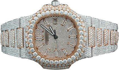 Montre Iced Out Moissanite de Luxe – 25 CT, Automatique, Finition Or Rose & Argent