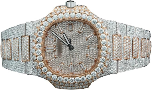 Montre Iced Out Moissanite de Luxe – 25 CT, Automatique, Finition Or Rose & Argent