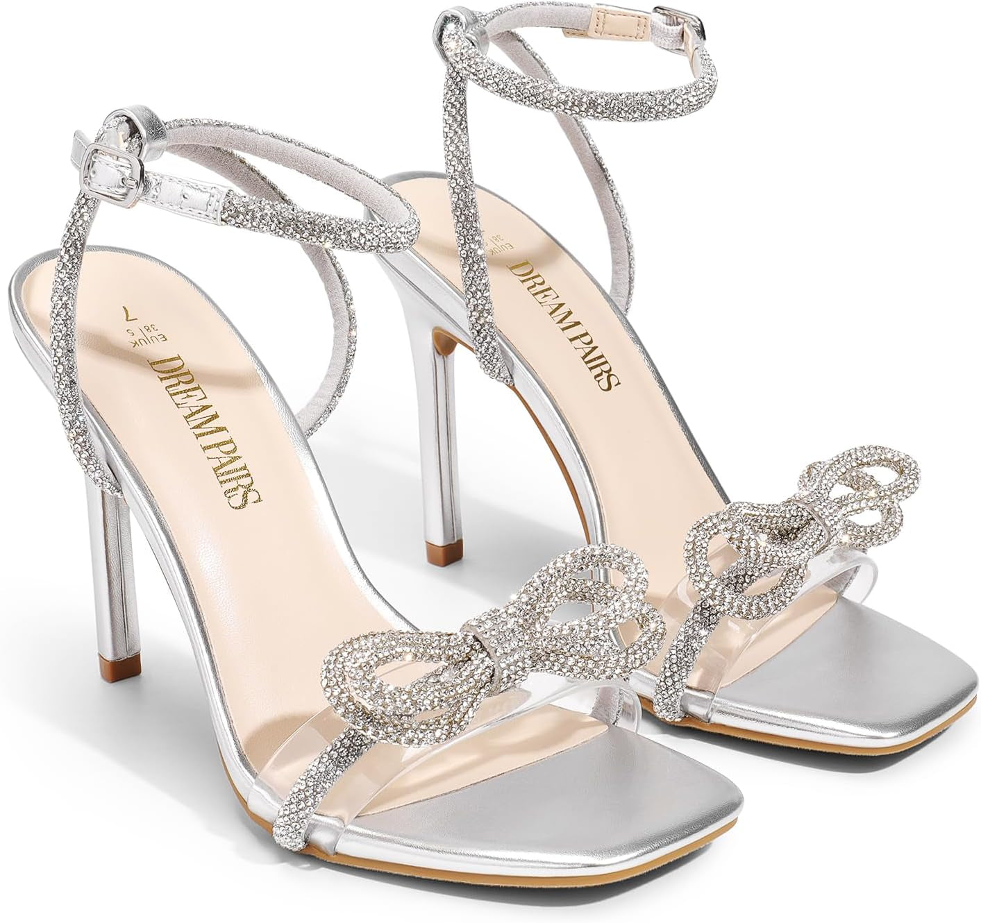 Women'S Double Bowknots Crystal Sandals Clear Slingback Heels Square Toe Shoes for Party Wedding