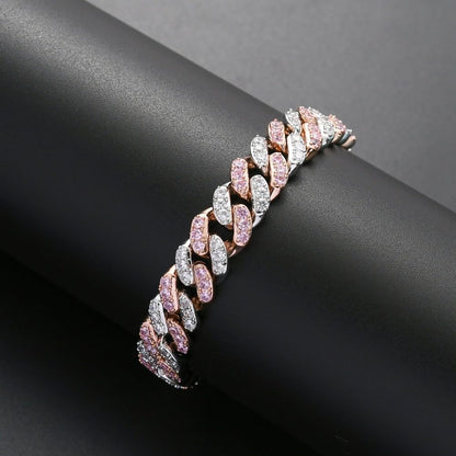 14K Gold 12Mm Cuban Link Chain Bracelet with Pink & White Moissanite, Statement Jewelry for Men, Gift for Him