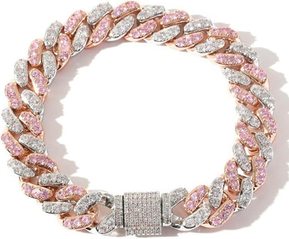 14K Gold 12Mm Cuban Link Chain Bracelet with Pink & White Moissanite, Statement Jewelry for Men, Gift for Him