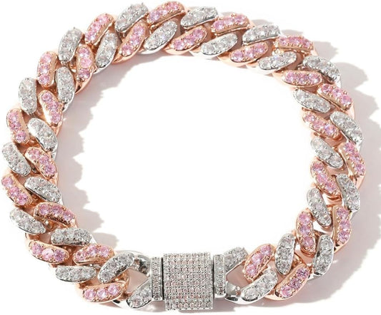 14K Gold 12Mm Cuban Link Chain Bracelet with Pink & White Moissanite, Statement Jewelry for Men, Gift for Him
