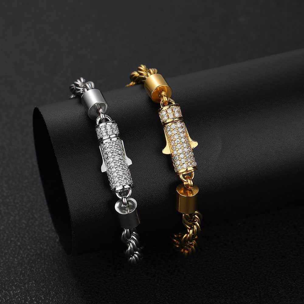 18K Gold Unisex Style Men and Women'S Same Style 6Mm Inlaid Moissanite Spring Buckle Cuban Couple Bracelet
