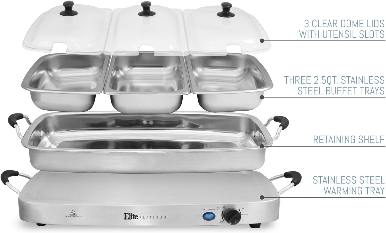 EWM-9933 Triple plateaux de 3 x 2,5 litres pour serveur de buffet, poêle de 7,5 litres allant au four, contrôle de la température, couvercles transparents à fentes, parfait pour les fêtes, les divertissements et les vacances, en acier inoxydable