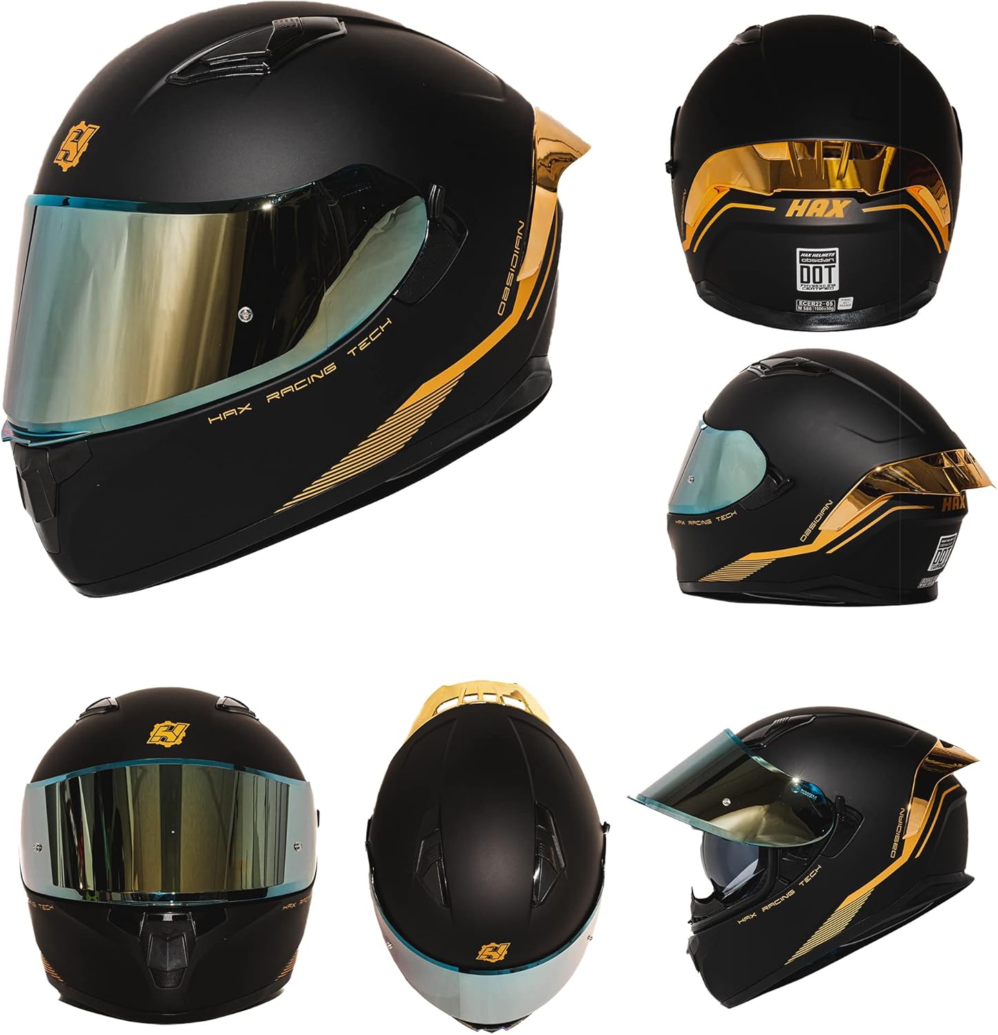 Obsidian Full Face Dual Visor Adult Motorcycle Helmet for Motorbike Street Bike with Pinlock Ready DOT Approved Matte Black Gold L