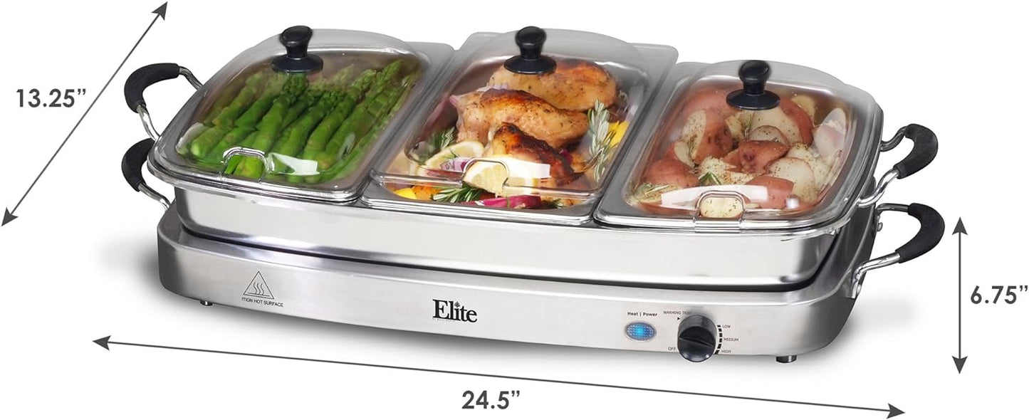 EWM-9933 Triple plateaux de 3 x 2,5 litres pour serveur de buffet, poêle de 7,5 litres allant au four, contrôle de la température, couvercles transparents à fentes, parfait pour les fêtes, les divertissements et les vacances, en acier inoxydable