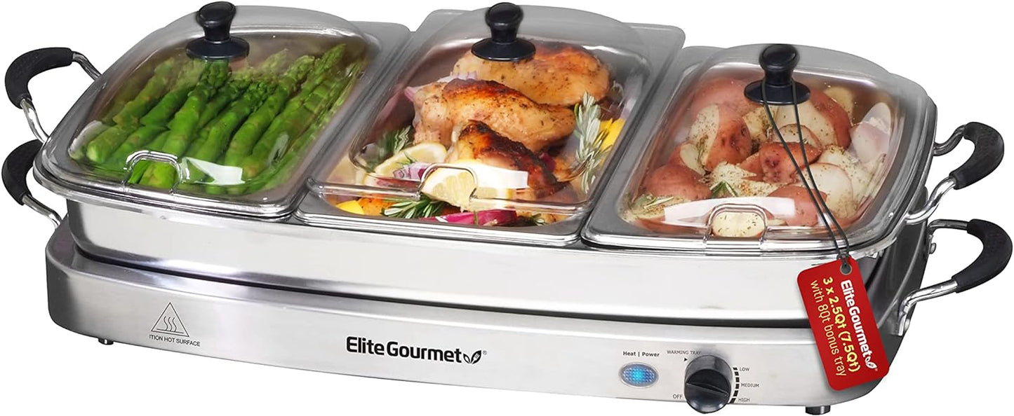 EWM-9933 Triple plateaux de 3 x 2,5 litres pour serveur de buffet, poêle de 7,5 litres allant au four, contrôle de la température, couvercles transparents à fentes, parfait pour les fêtes, les divertissements et les vacances, en acier inoxydable