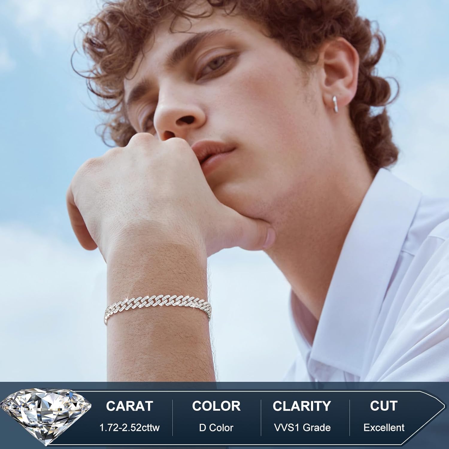 Bracelet Homme Moissanite 1.72-2.52 Carats – 6MM, Plaqué Or Blanc 18K & Argent 925