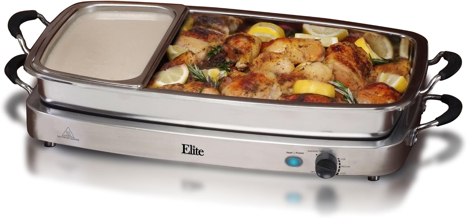 EWM-9933 Triple plateaux de 3 x 2,5 litres pour serveur de buffet, poêle de 7,5 litres allant au four, contrôle de la température, couvercles transparents à fentes, parfait pour les fêtes, les divertissements et les vacances, en acier inoxydable