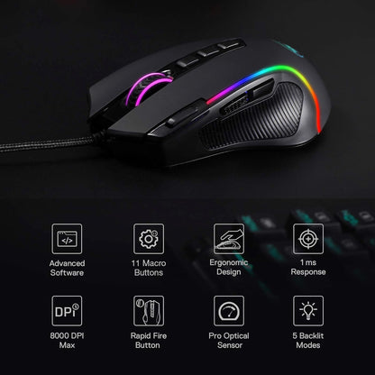 M612 Predator RGB Souris de Jeu - 8000 DPI, 11 Boutons Programmables, 5 Modes Rétroéclairés, Logiciel avec Bouton de Tir Rapide