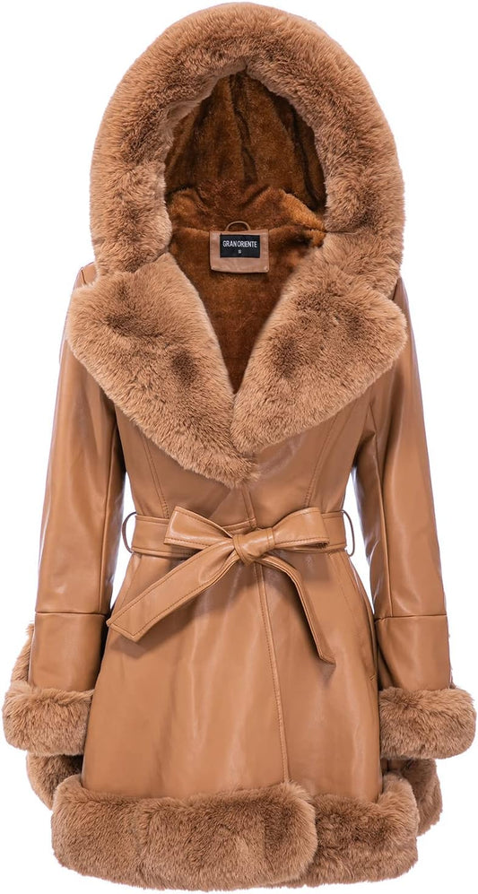 Veste en cuir GRAN ORIENTE  pour femme avec col en fourrure syntétique, manteau parka d'hiver à manches longues.