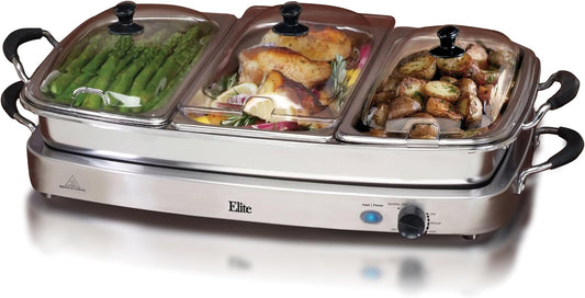 EWM-9933 Triple plateaux de 3 x 2,5 litres pour serveur de buffet, poêle de 7,5 litres allant au four, contrôle de la température, couvercles transparents à fentes, parfait pour les fêtes, les divertissements et les vacances, en acier inoxydable