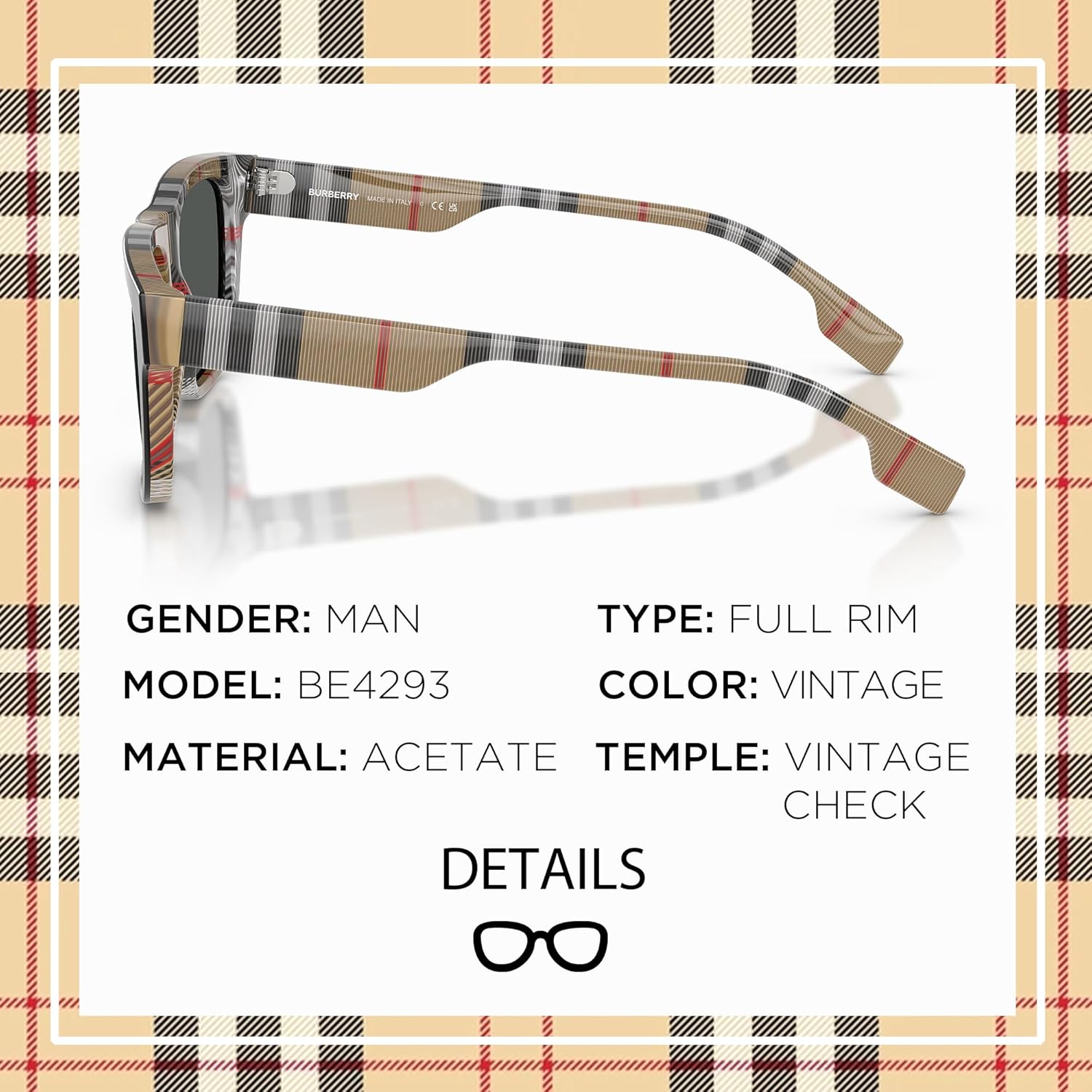 🕶️ BURBERRY BE4293 – Lunettes de Soleil Carrées en Acétate avec Kit Luxe eSHADES