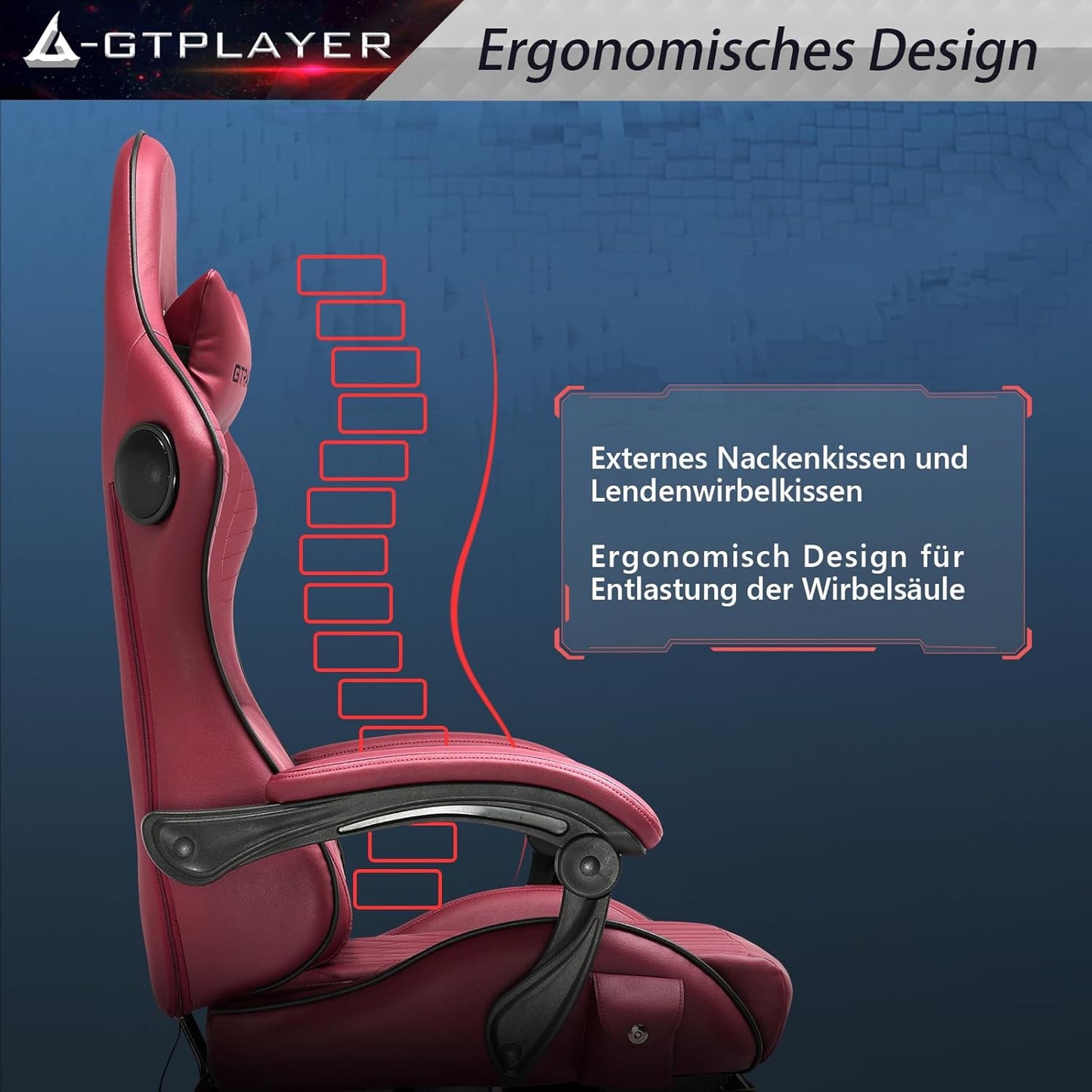 Chaise Gaming Ergonomique avec Haut-Parleurs Bluetooth et Repose-Pieds – Vin Rouge