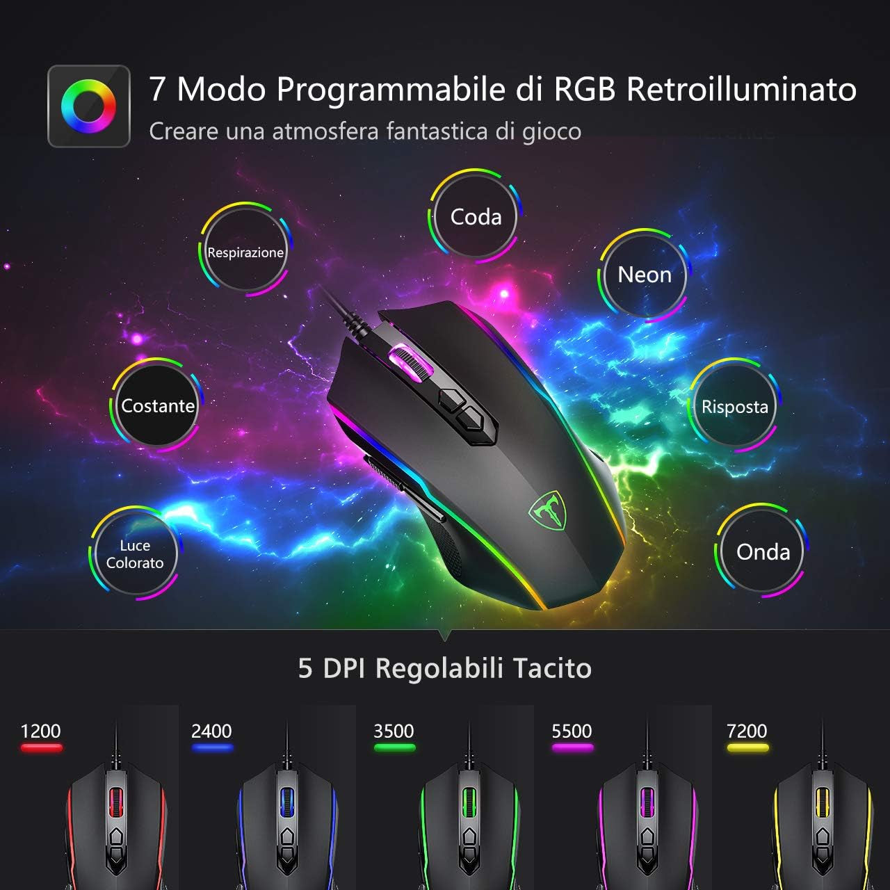 Souris de Jeu Filaire VIVIJO - 7 Modes RGB, 8 Boutons Programmables, 7200 DPI - Haute Performance pour PC