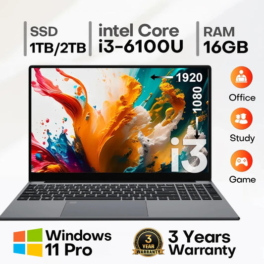 Erilles 15.6 "Intel Core i3 6100U ordinateur Portable Windows 11 16GB RAM 512GB 1TB SSD ordinateur Portable ordinateur Portable bureau étude ordinateurs portables