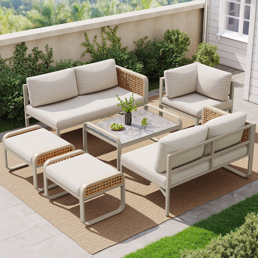 Ensemble de salon de jardin pour 6-7 personnes, meubles en rotin, pieds réglables, y compris tous les coussins d'assise et de dossier, gris