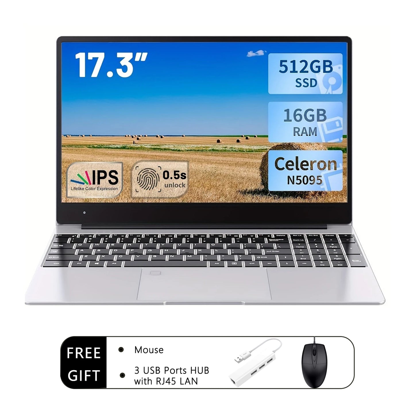 2025 nouveau 17.3 "ordinateur Portable 16GB RAM 512GB 1TB SSD Intel N5095 Portable ordinateur Portable léger rétro-éclairé clavier empreinte digitale Windows 11