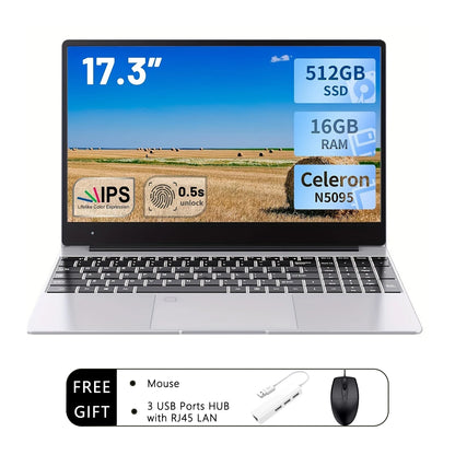 2025 nouveau 17.3 "ordinateur Portable 16GB RAM 512GB 1TB SSD Intel N5095 Portable ordinateur Portable léger rétro-éclairé clavier empreinte digitale Windows 11