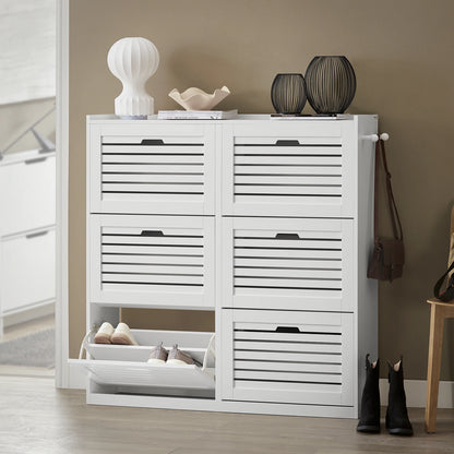SoBuy FSR145-W Armoire à chaussures avec étagère à chaussures à 6 rabats avec 2 houes Camion à benne basculante avec 12 surfaces d'étagère Commode à chaussures Étagère à chaussures
