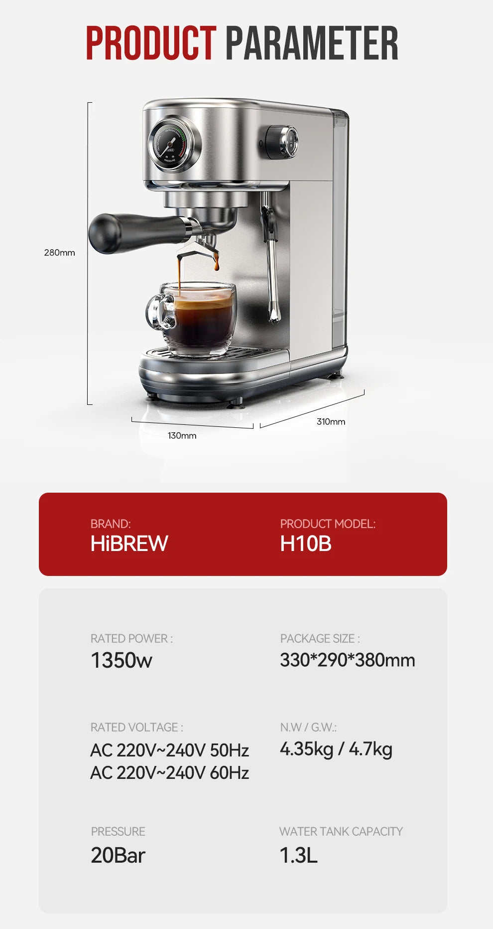 HiBREW H10B – Machine à Expresso Semi-Automatique 20 Bars – Température Réglable – Café Chaud Froid