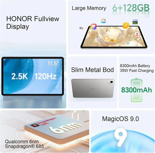HONOR Pad X9A Version ue 11.5 "120Hz 2.5K écran Fullview Snapdragon 685 mince corps en métal tablette WiFi Android15 8300mAh batterie