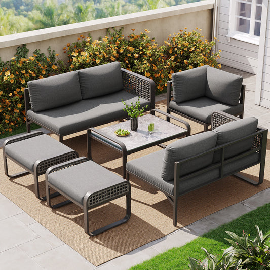 Ensemble de salon de jardin pour 6-7 personnes, meubles en rotin, pieds réglables, y compris tous les coussins d'assise et de dossier, gris