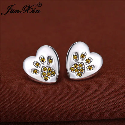 Boucles d'oreilles en forme de patte de chien, ours, chat, Animal mignon, pour femmes et hommes, couleur argent, vert, rose, violet, Zircon, cœur, bijoux de mariage