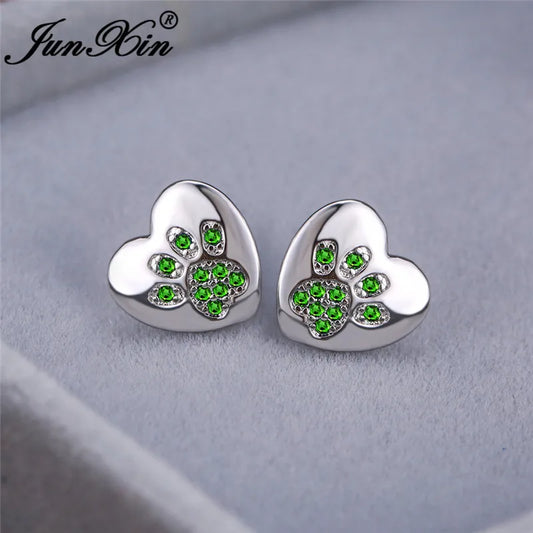 Boucles d'oreilles en forme de patte de chien, ours, chat, Animal mignon, pour femmes et hommes, couleur argent, vert, rose, violet, Zircon, cœur, bijoux de mariage