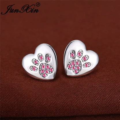 Boucles d'oreilles en forme de patte de chien, ours, chat, Animal mignon, pour femmes et hommes, couleur argent, vert, rose, violet, Zircon, cœur, bijoux de mariage
