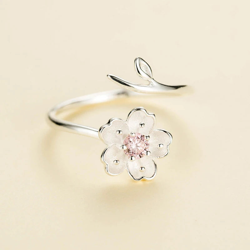 Bagues en argent Sterling 925 pour femmes, taille ajustable, en zircon rose, en fleur de cerisier, nouvel arrivage