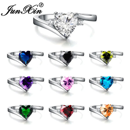 JUNXIN bleu pierre de naissance coeur anneaux pour femmes or blanc rempli violet rose noir Zircon blanc opale de feu bande de fiançailles femme