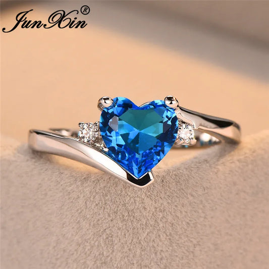 JUNXIN bleu pierre de naissance coeur anneaux pour femmes or blanc rempli violet rose noir Zircon blanc opale de feu bande de fiançailles femme