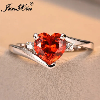 JUNXIN bleu pierre de naissance coeur anneaux pour femmes or blanc rempli violet rose noir Zircon blanc opale de feu bande de fiançailles femme