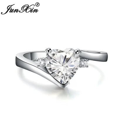 JUNXIN bleu pierre de naissance coeur anneaux pour femmes or blanc rempli violet rose noir Zircon blanc opale de feu bande de fiançailles femme