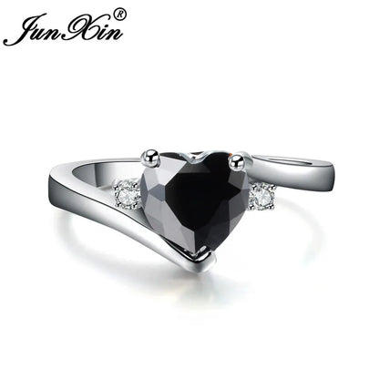 JUNXIN bleu pierre de naissance coeur anneaux pour femmes or blanc rempli violet rose noir Zircon blanc opale de feu bande de fiançailles femme