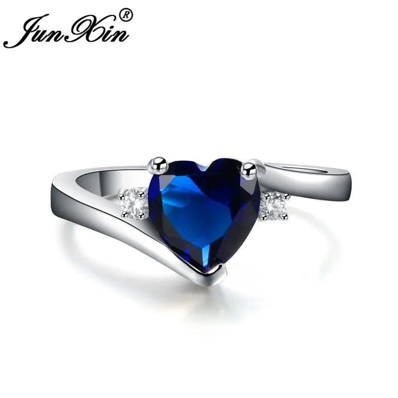 JUNXIN bleu pierre de naissance coeur anneaux pour femmes or blanc rempli violet rose noir Zircon blanc opale de feu bande de fiançailles femme