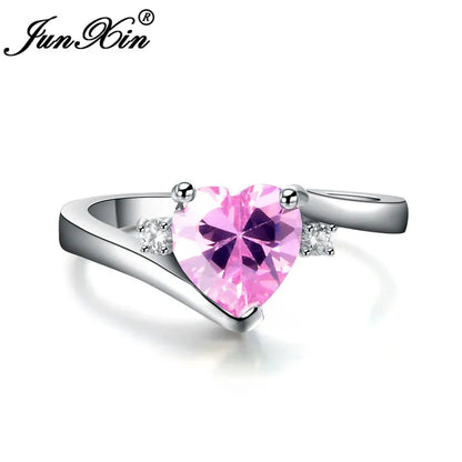 JUNXIN bleu pierre de naissance coeur anneaux pour femmes or blanc rempli violet rose noir Zircon blanc opale de feu bande de fiançailles femme