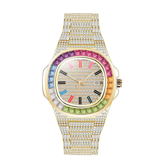 ⌚ Montre Homme Black & Or Rose – Style Hiphop Luxe avec Diamants Arc-en-ciel