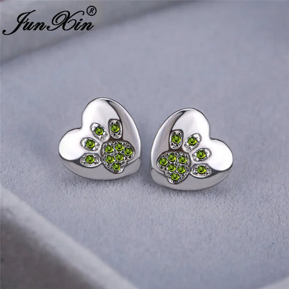 Boucles d'oreilles en forme de patte de chien, ours, chat, Animal mignon, pour femmes et hommes, couleur argent, vert, rose, violet, Zircon, cœur, bijoux de mariage