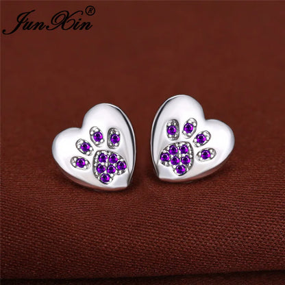 Boucles d'oreilles en forme de patte de chien, ours, chat, Animal mignon, pour femmes et hommes, couleur argent, vert, rose, violet, Zircon, cœur, bijoux de mariage