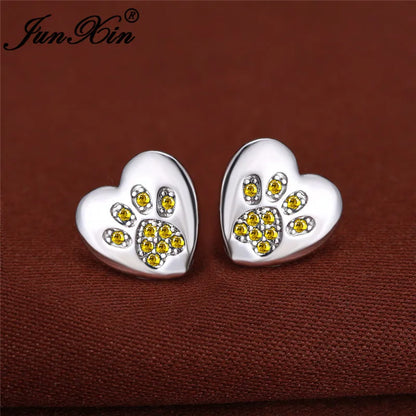 Boucles d'oreilles en forme de patte de chien, ours, chat, Animal mignon, pour femmes et hommes, couleur argent, vert, rose, violet, Zircon, cœur, bijoux de mariage