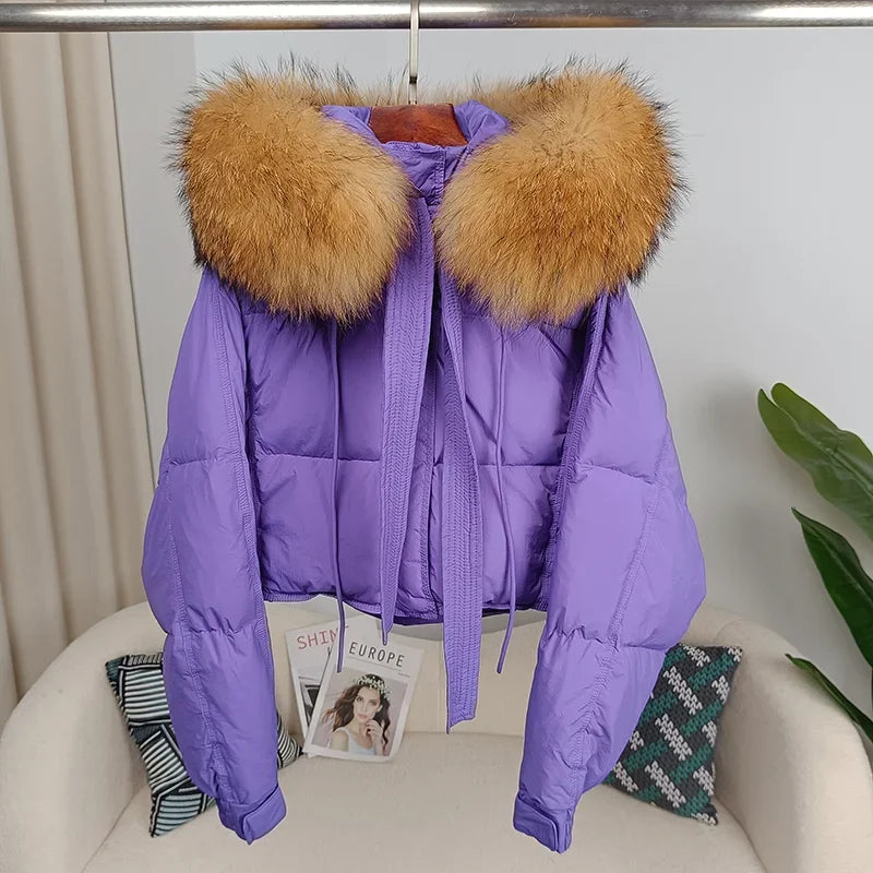 Nouvelle doudoune en duvet pour femmes - Veste d'hiver ample avec col en véritable fourrure de renard et raton laveur - À capuche, épaisse et chaude - Mode streetwear - Extérieur avec parties détachables