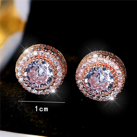 Boucles d'oreilles rondes en cristal blanc pour femmes, bijoux de luxe en Zircon, Vintage, couleur or Rose, à la mode, pour mariage