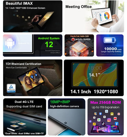 Tablette Nenmoen Mpad14 – 14,1" FHD, 6/12GB RAM, 256GB, Android 12, 4G LTE