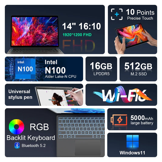 PC Portable 2-en-1 : Performance et Polyvalence avec l'écran tactile 1200P