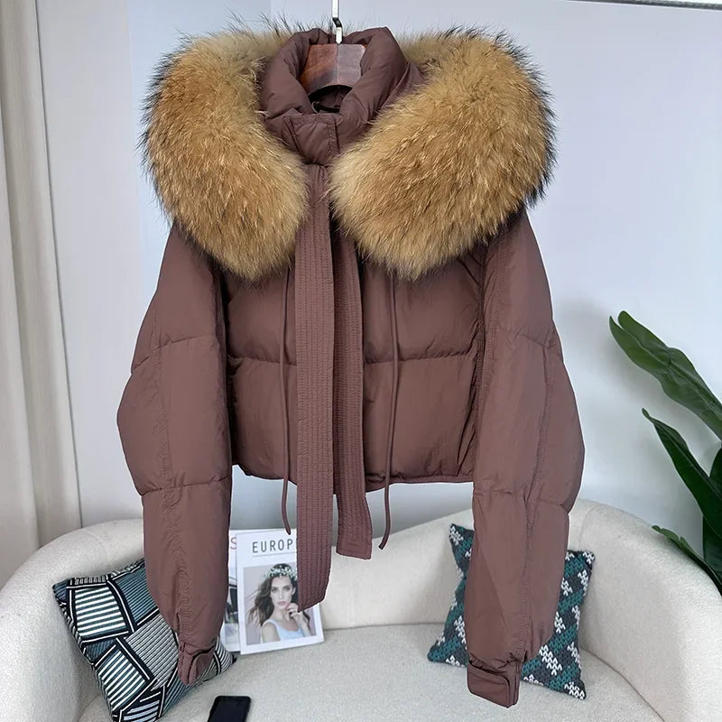 Nouvelle doudoune en duvet pour femmes - Veste d'hiver ample avec col en véritable fourrure de renard et raton laveur - À capuche, épaisse et chaude - Mode streetwear - Extérieur avec parties détachables