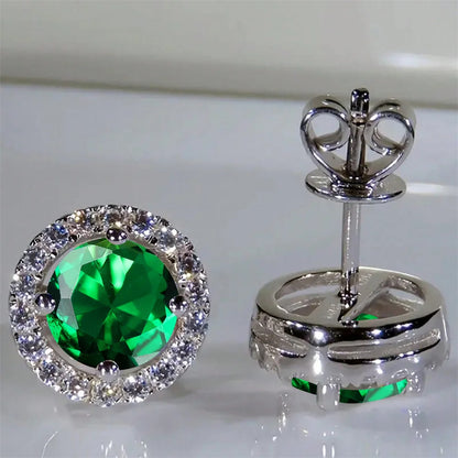 Boucles d'oreilles classiques en pierre ronde à quatre griffes pour femmes, cristal arc-en-ciel, Zircon multicolore, couleur argent, bijoux de fiançailles