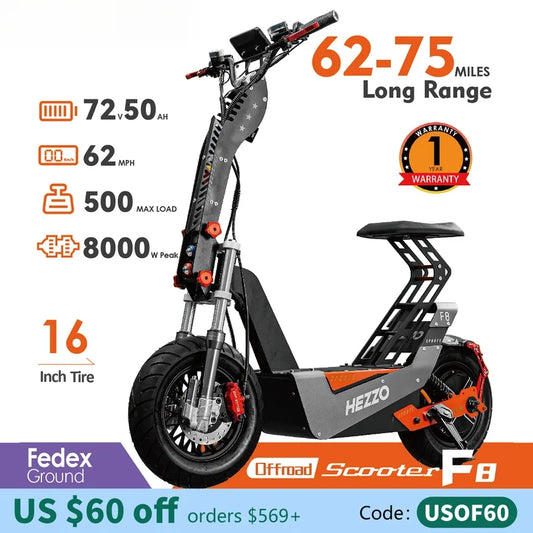 HEZZO F8 Scooter électrique 16 pouces pliable 72v 8000W 62.5MPH 50Ah longue portée hors route Escooter moto avec siège entrepôt américain